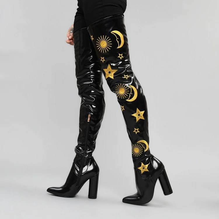 Black Pointed Toe Gold Embroidered Chunky Heel Thigh High Boots |FSJ Shoes