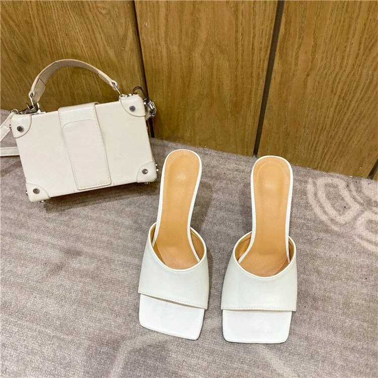 Eilyken 2022 New Summer Women's Mules Slippers Elegant Square Toe High Heels Slippers Ladies Slides Shoes Femme Zapatos Mujer