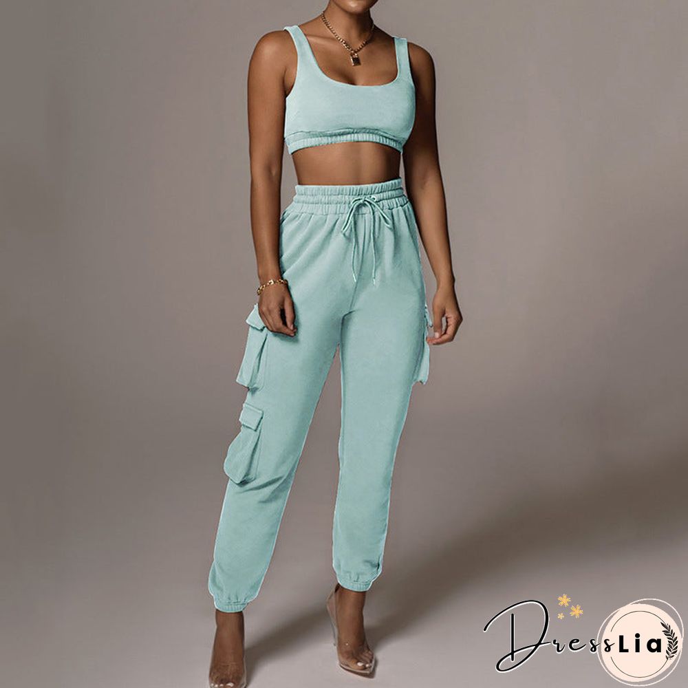Sporty Crop Top and Pocket Detail Jogger Tracksuit Pant Set