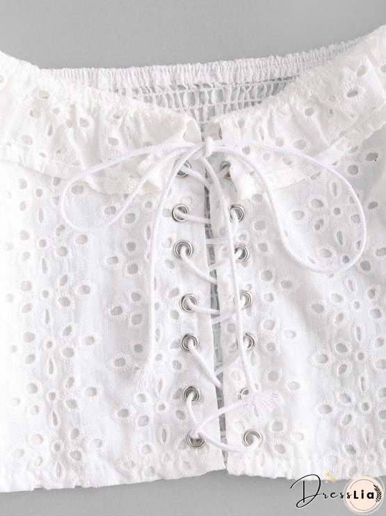Broderie Anglaise Lace Up Ruffle Milkmaid Crop Blouse for Women