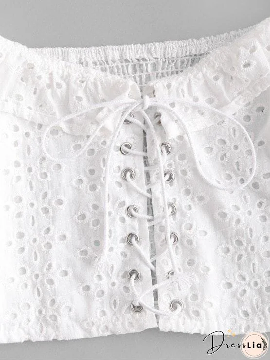 Broderie Anglaise Lace Up Ruffle Milkmaid Crop Blouse for Women