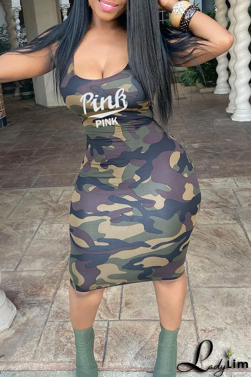 Grey Sexy Print Camouflage Print Patchwork U Neck One Step Skirt Dresses