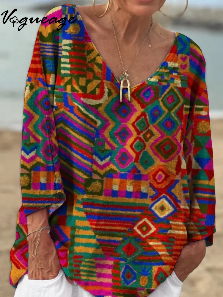 Fashion Retro Ethnic Pattern Printed Cotton And Linen Shirt