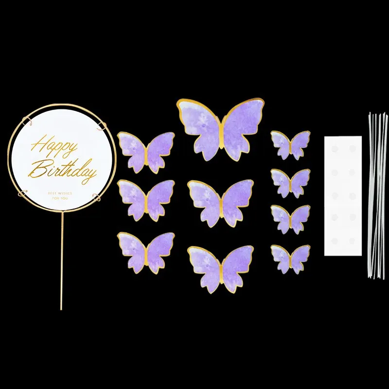 1Set Happy Birthday Cake Toppers Cake Decoration Handmade Butterfly Cupcake Topper For Wedding Birthday Party Baby Shower Baking