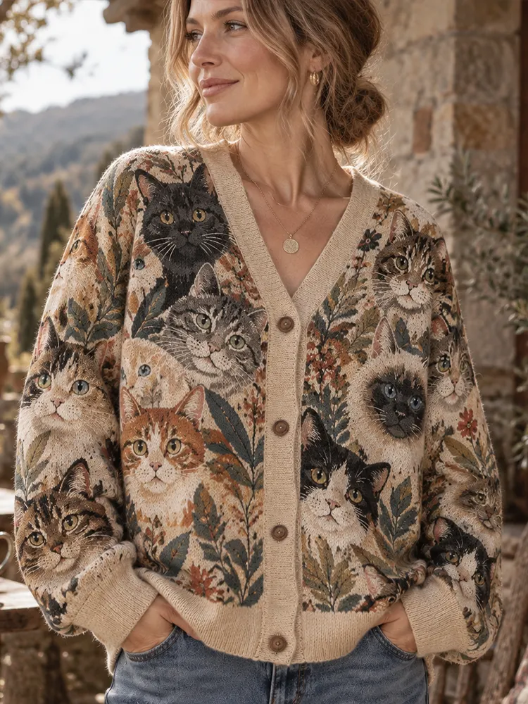 Comstylish Women's Cute Cat Faces & Foliage Pattern V-neck Knit Cardigan