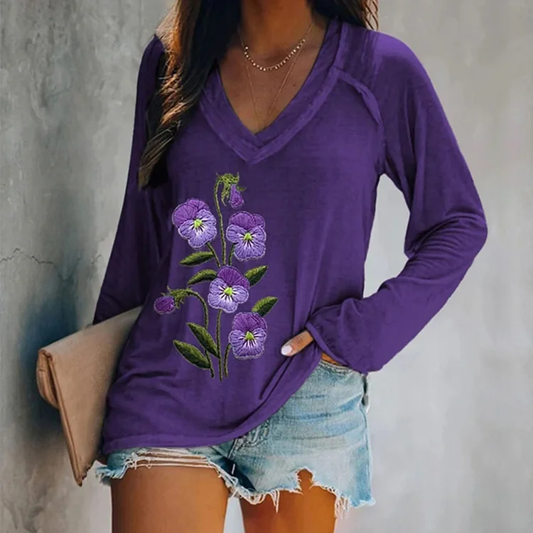VChics Women's Purple Flower Print Casual Long Sleeve V-Neck T-Shirt