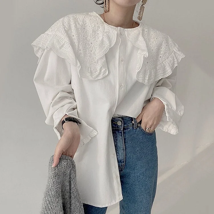 Temperament White Lace Embroidery Ruffle Lapel Stitching Long Sleeved Shirt 