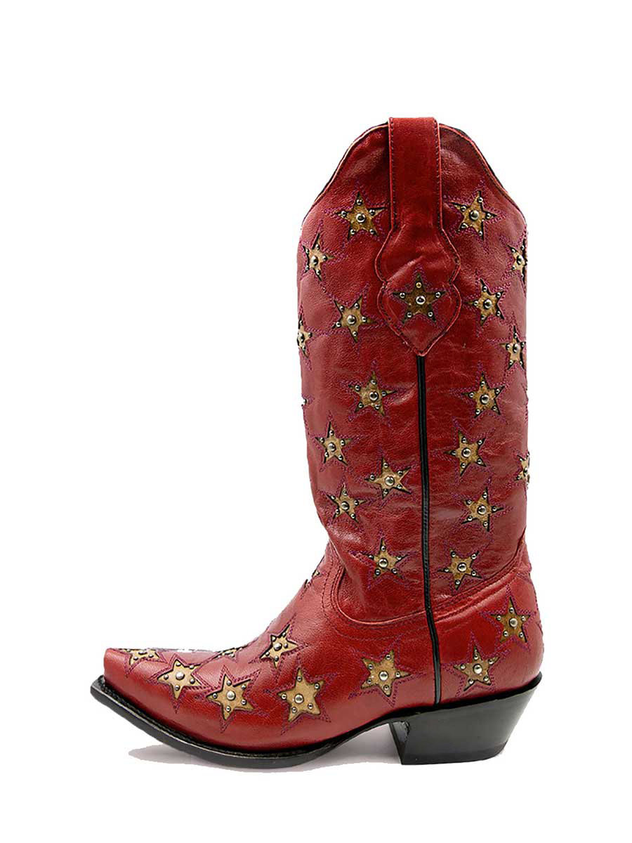 Red Chunky Heel Star Inlay Studded Mid-Calf Vintage Western Boots