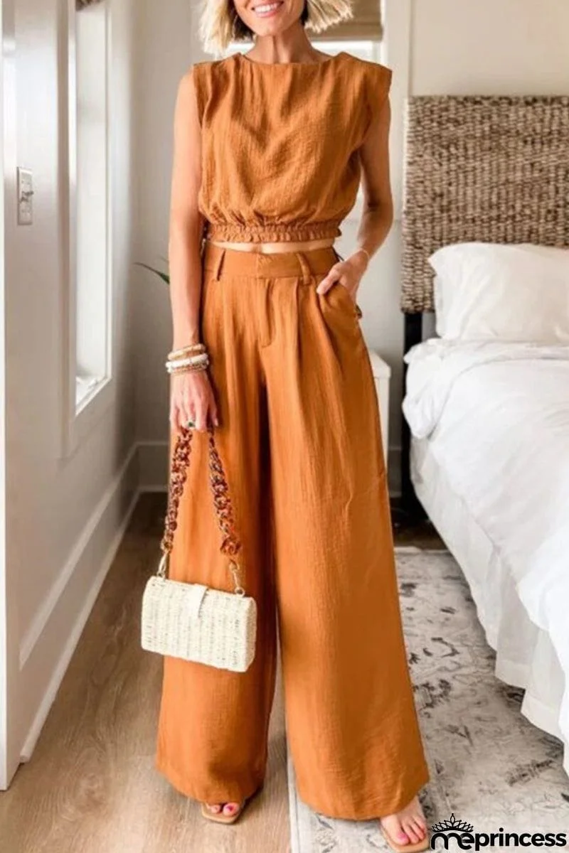 Casual Solid Pocket O Neck Sleeveless Two Pieces