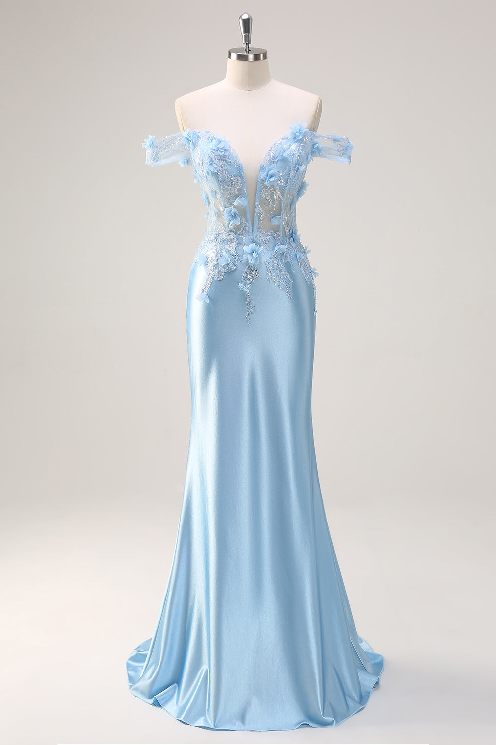 Ovlias Fabulous Sky Blue Off-the-shoulder Flower Slimming Sequins Prom Dress LY0611