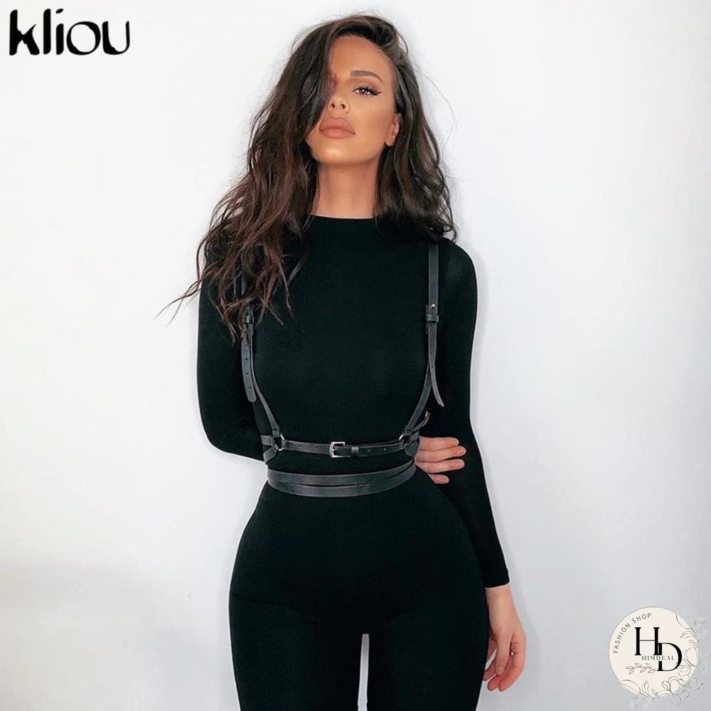 Kliou Solid Black/Gray Long Sleeve Skiing  Jumpsuit Women Elastic Hight Outfit Fashion Fitness Sportwear Slim Rompers Streetwear