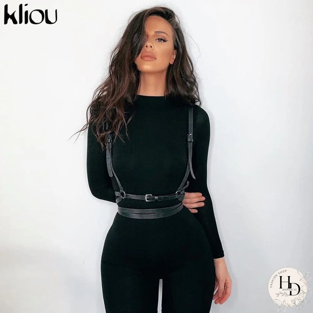 Kliou Solid Black/Gray Long Sleeve Skiing  Jumpsuit Women Elastic Hight Outfit Fashion Fitness Sportwear Slim Rompers Streetwear