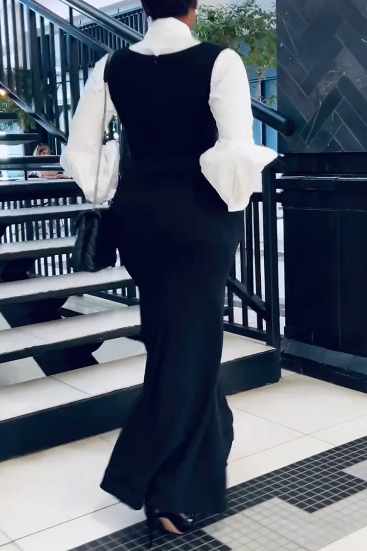 Plus Size Business Casual Black Elegant Bow Tie Long Sleeve Pocket Two Piece Skirt Sets [Pre-Order]