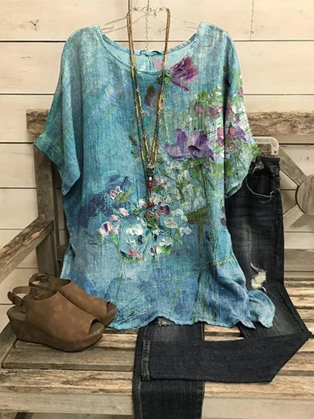 Floral-Print Casual Crew Neck Shirts & Tops