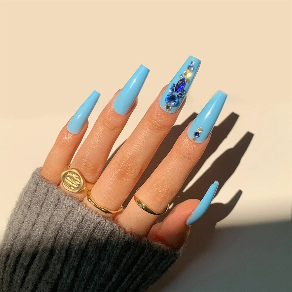 24Pc Extra Long Coffin False Nails Blue And White Porcelain With diamond glitter French Ballerina Fake Nails Full Cover Nail Tip