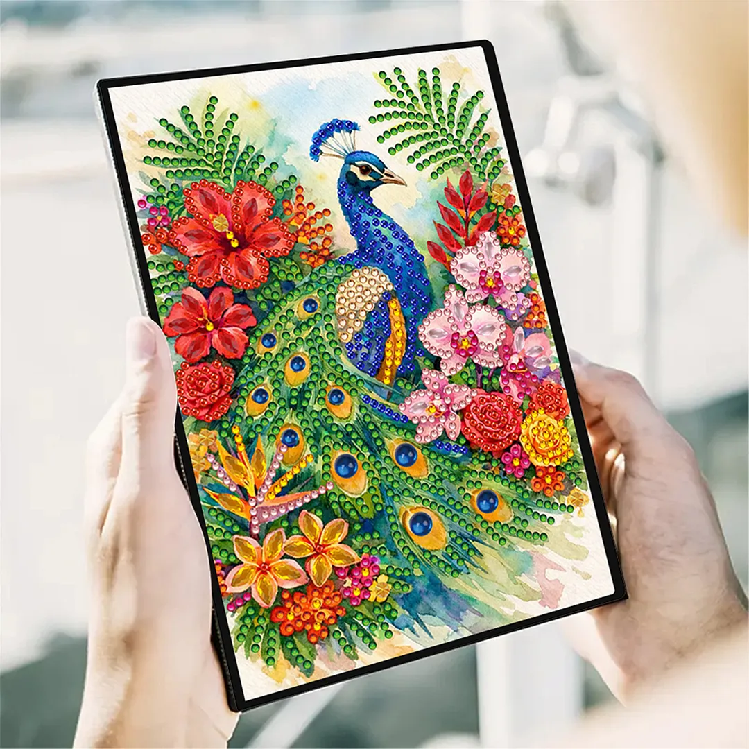 DIY Flower Diamond Painting Journals Notebooks 50 Pages A5 No Lines Special Shaped Diamond Art Kits for Beginners Craft Lovers and Artists (Peacock and Flowers)