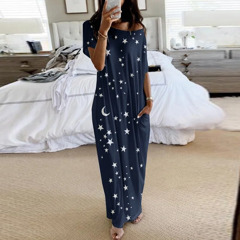 2020 Summer New Fashion Striped Strapless Dress Loose Round Neck Short Sleeve Long Dress Casual Elegant Moon Star Printing Dress