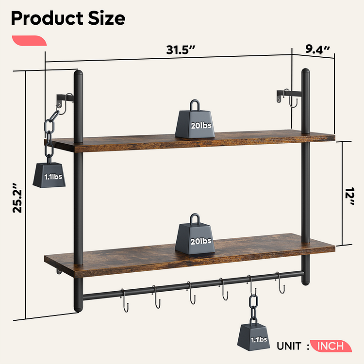 Bestier LED Kitchen Floating Shelves, 34 Industrial Pipe Shelves