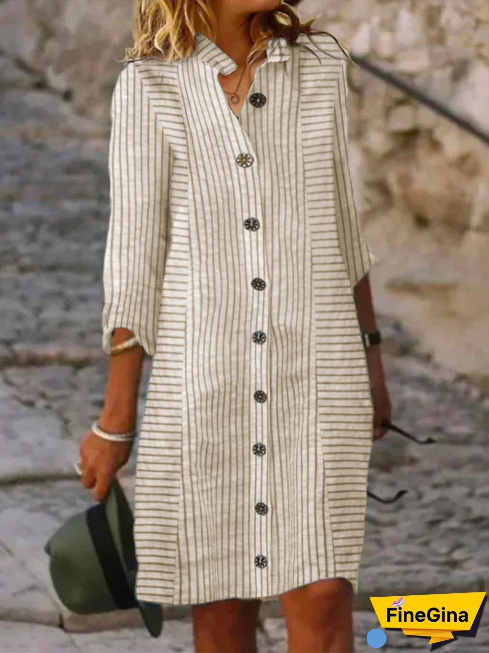 Women's Striped Solid Color V-Neck Long Sleeve Maxi Dress