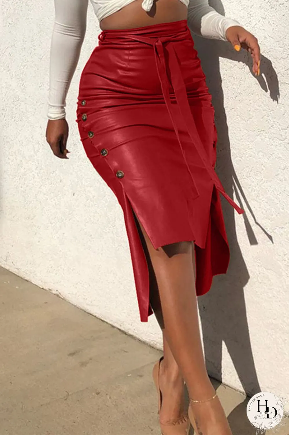 Brown Drawstring sleeveless high patchwork solid bandage split a-line skirt capri pants