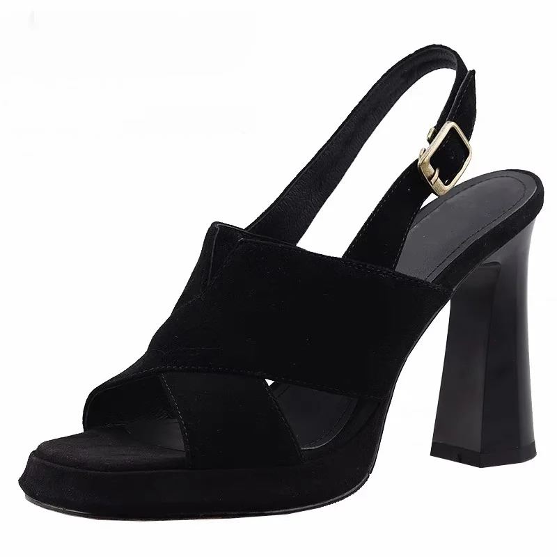 Breakj Breakj Lady Temperament Sandals 2025 Summer New High-Heeled Frosted Leather Waterproof Toe Black Sandals Women's Shoes