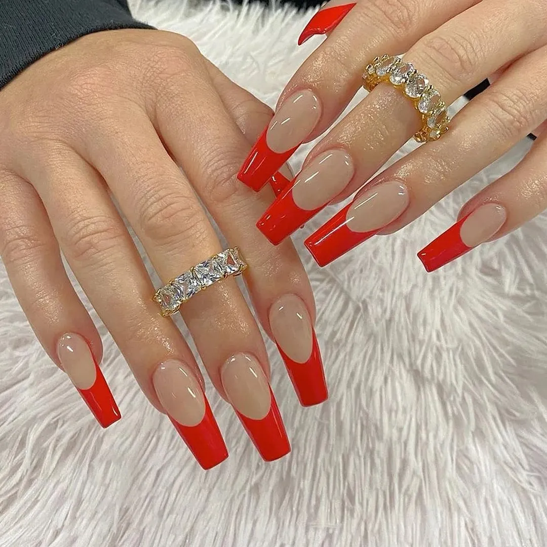 24pcs Rose Pattern Red Wine False Nail Fake Nails Coffin Glossy Press On Nails False Girls Ballerina full cover Fingernails Tips-Nail Inspo