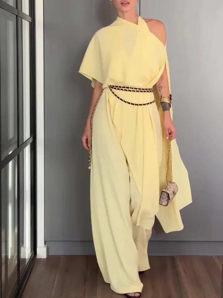 Yellow Halter - Neck Jumpsuit With Detachable Shawl