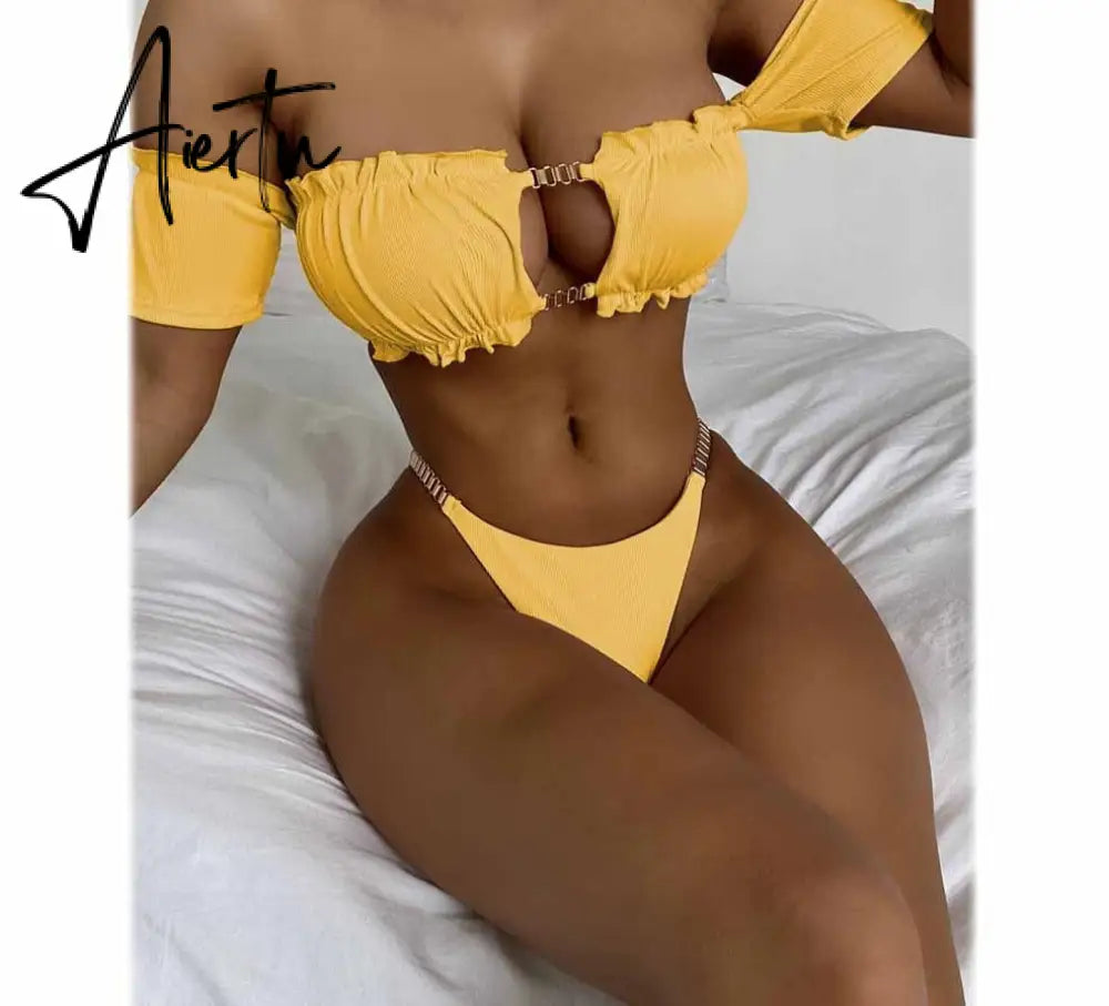 Aiertu Solid Women Push Up Swimwear One Piece Swimsuit Female Sexy Bandage Onesie Beachwear American Style Lace-up Bathing Suits Aiertu