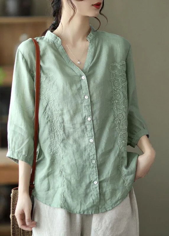 French Khaki Embroidered V Neck Ramie Blouse Top Summer