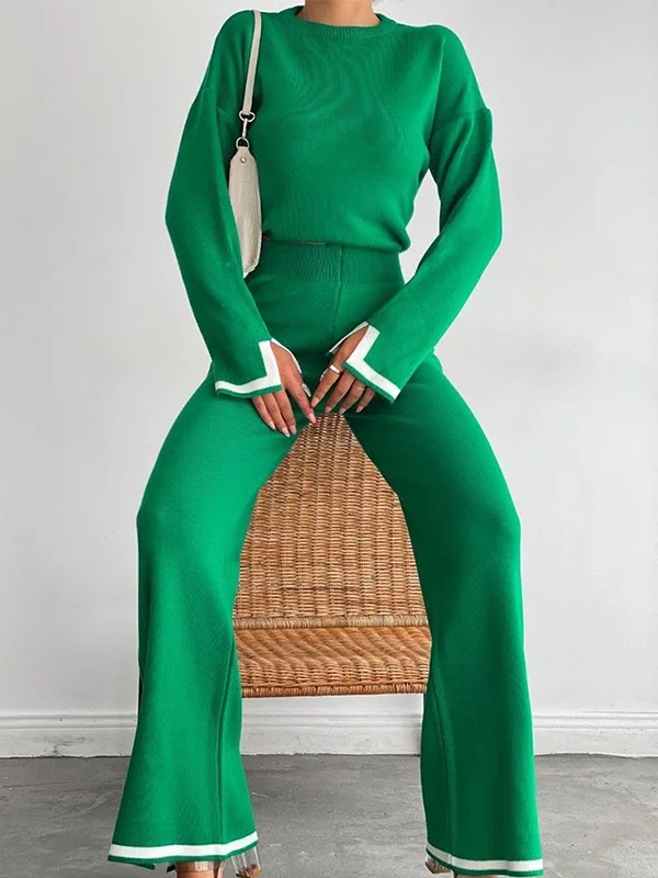Urban Roomy Contrast Color Long Sleeves Round-Neck Sweater Tops & Pants Suits