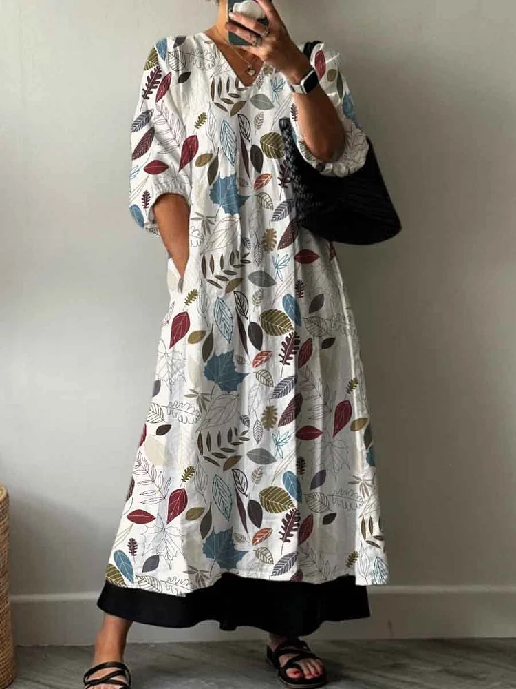 Colorful Fallen Leaves Decorative Pattern Pocket V-neck Cotton Dress