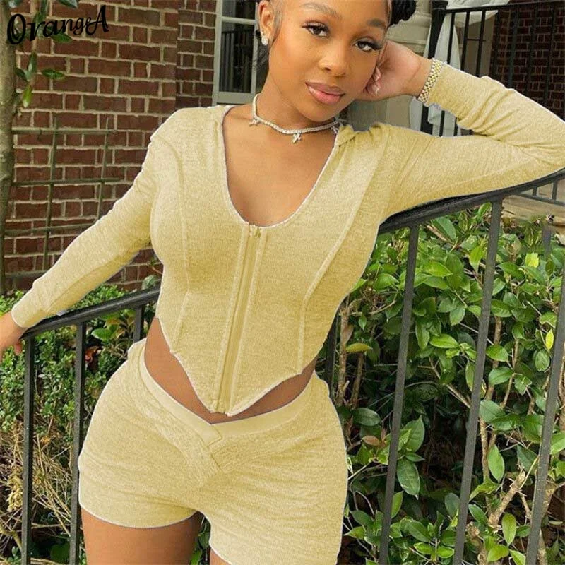 OrangeA women tracksuit fitness long sleeve v-neck zipper crop top biker shorts two piece outfits sporty fitness slim streetwear