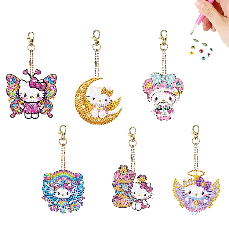 6Pcs Acrylic Double Side Hello Kitty Diamond Art Craft Keychain for Friend Gifts