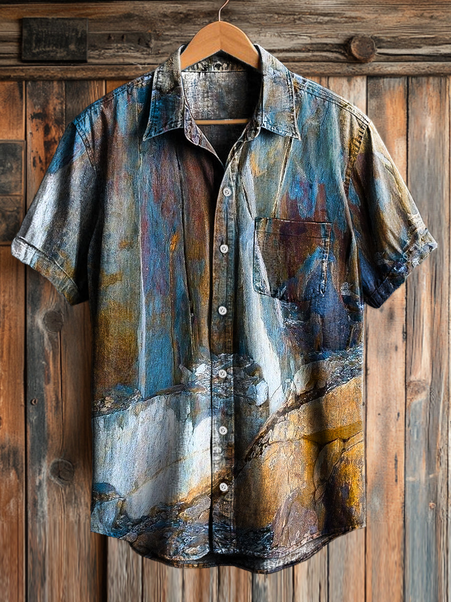 Men's Vintage Abstract Color Textured Print Casual Short Sleeve Shirt