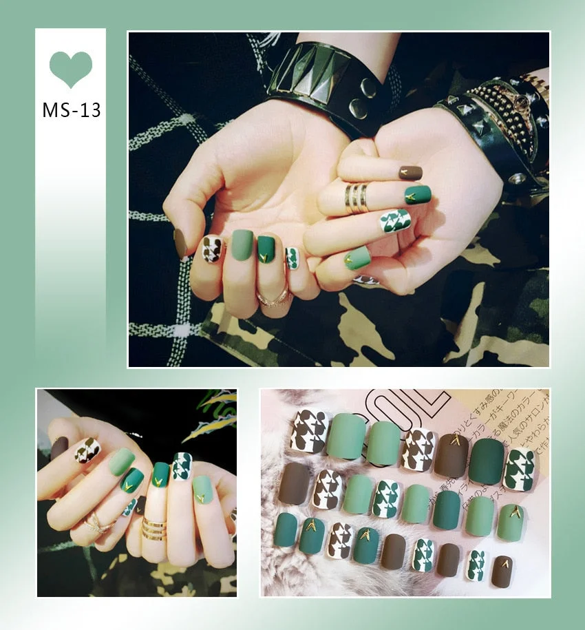 24pcs Matte False Nail Press On Nail With Glue Round Graffiti Fake Nail Manicure Nail Art Decoration  Nail Art Tools-Nail Inspo