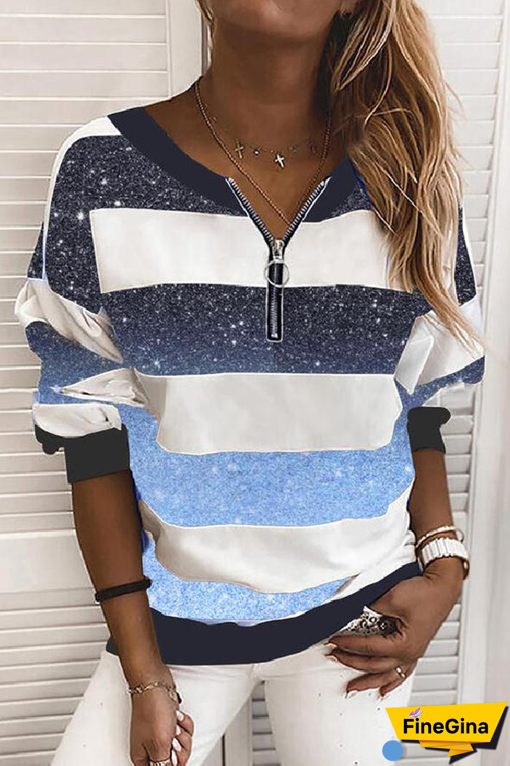 Zipper Gradient Color V-Neck Sweatshirt