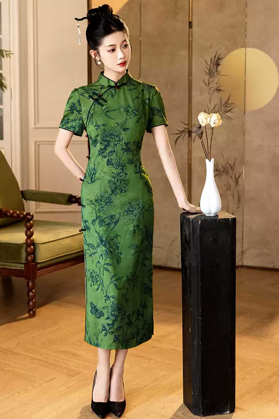 Cheongsam Qipao Green Qipao Dress Slim Fit Daily Wear Modern Chinese Style - zuichunyan 醉春烟 Stupa Stones