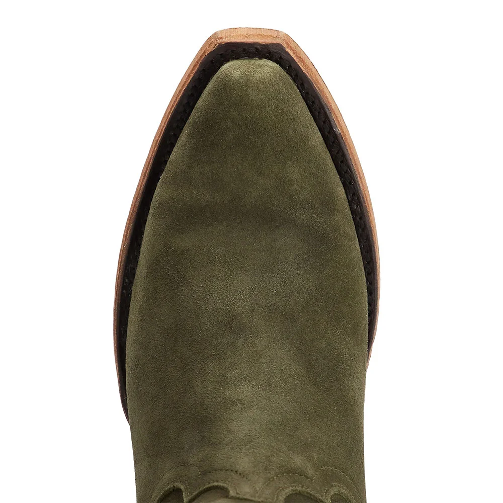 Fashion Olive Comfy Low Chunky Heel Mid Calf Cowboy Boots for Women