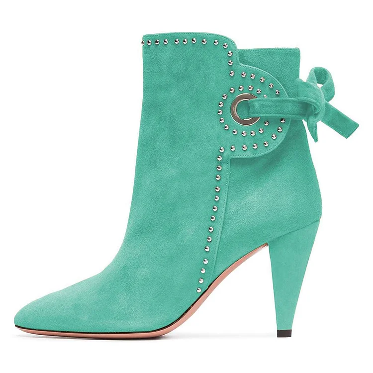 Turquoise Vegan Suede Back Laced Cone Heel Studded Booties for Women |FSJ Shoes