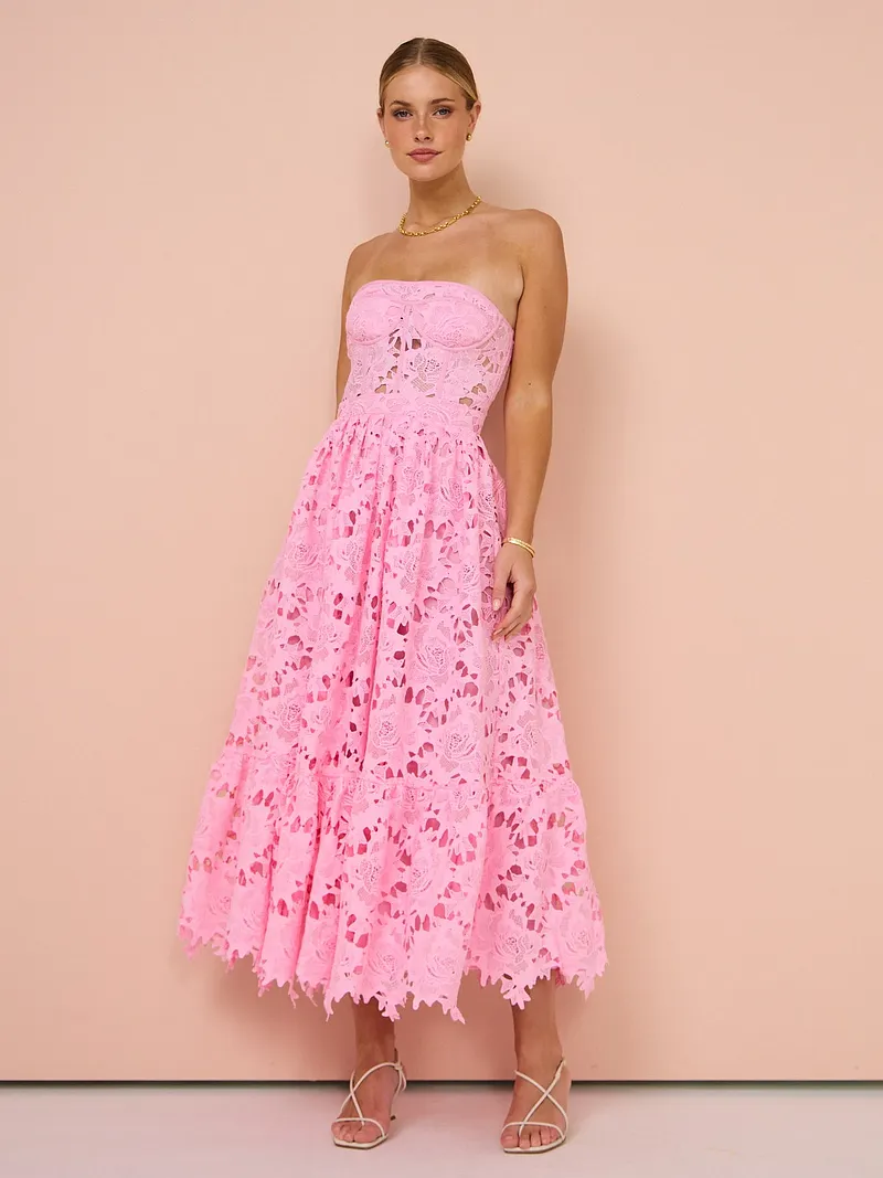 aliyah lace butterfly sleeve midi dress - snow LEO LIN Aliyah Lace Butterfly-Sleeve Midi Dress