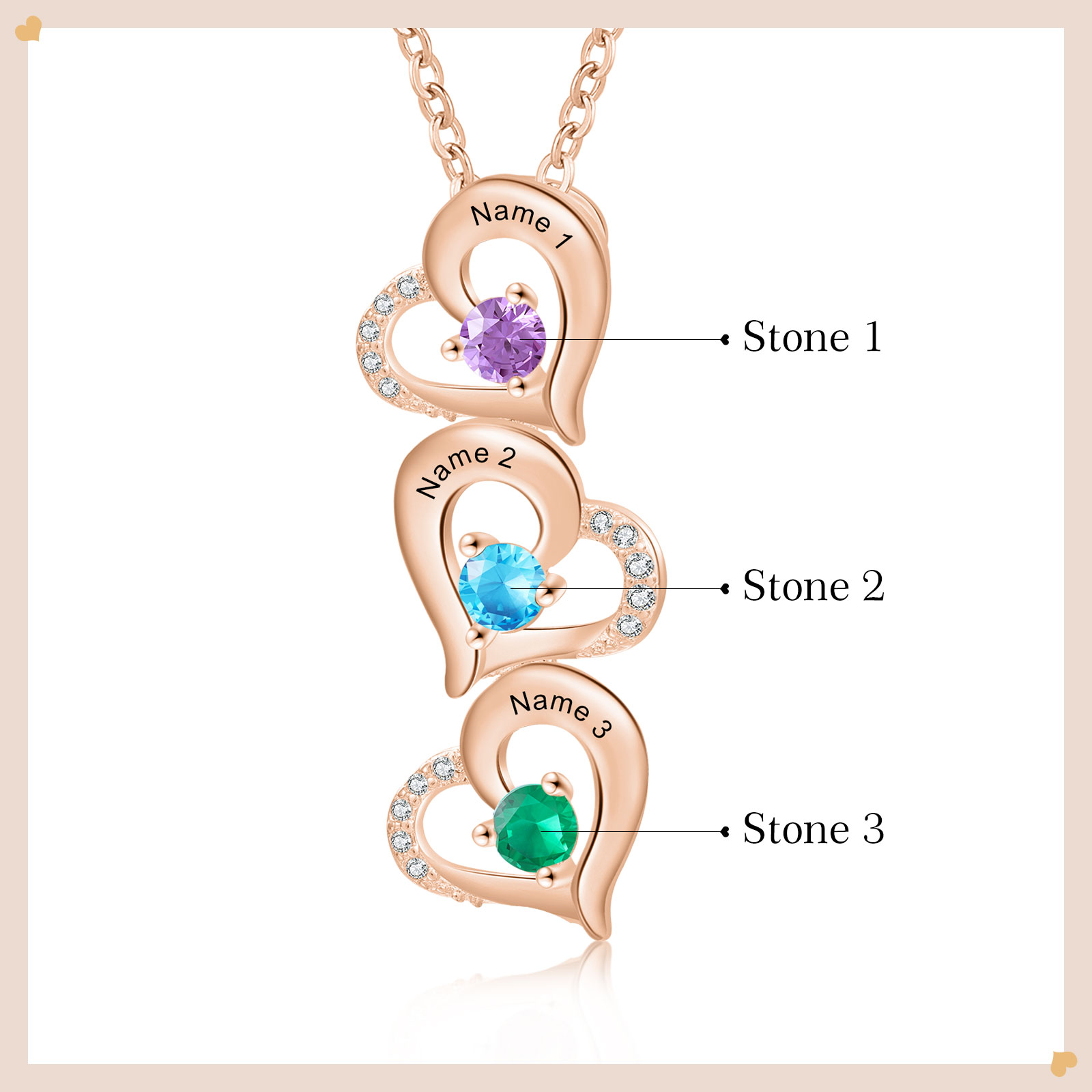 3 Names - Personalised Heart Pendant Necklace Custom Birthstones & Names Necklace Birthday Gift for Her-Jessemade AU