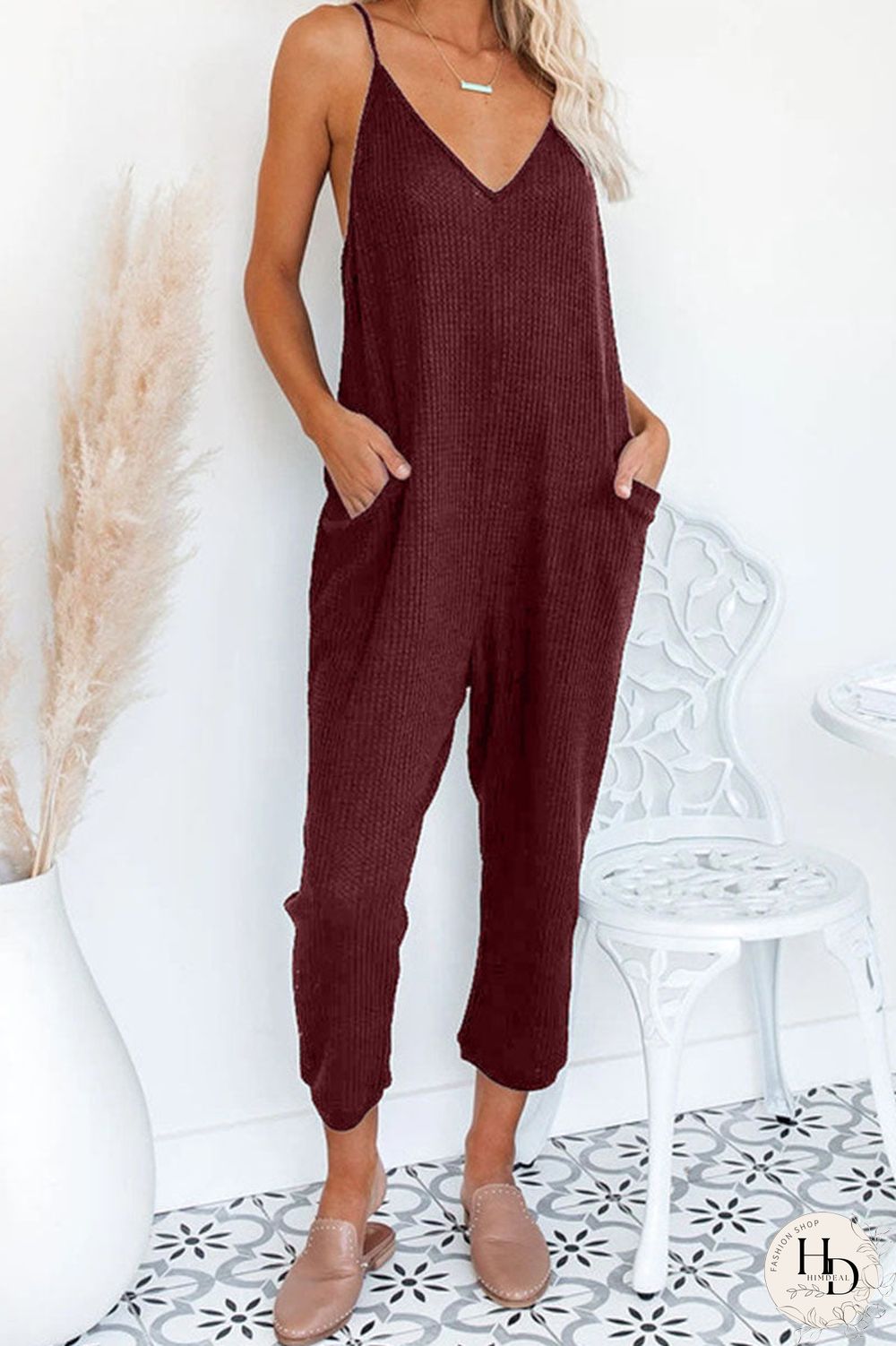 Fashion Street Solid Pocket V Neck Loose Jumpsuits(4 Colors)