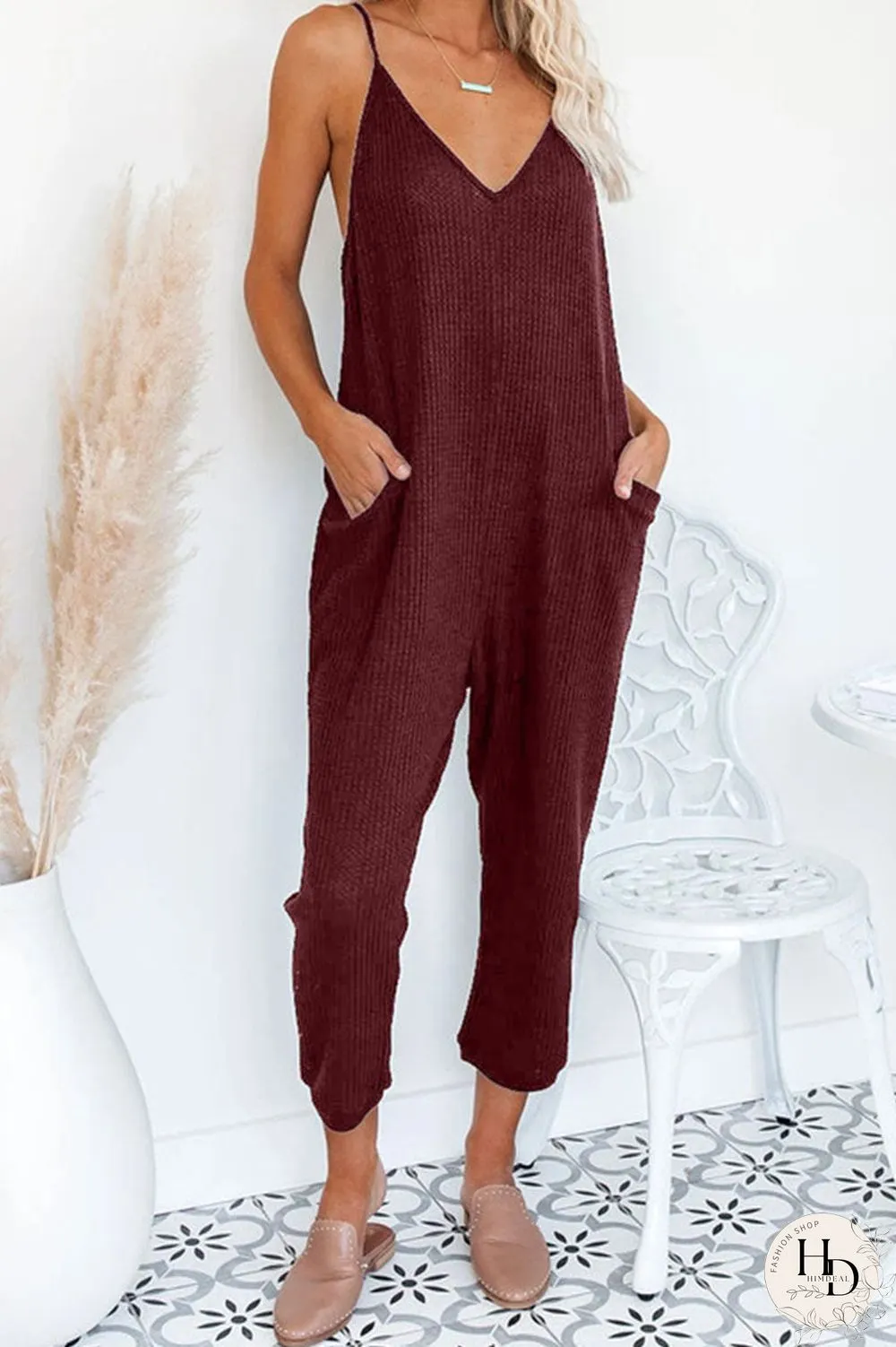 Fashion Street Solid Pocket V Neck Loose Jumpsuits(4 Colors)