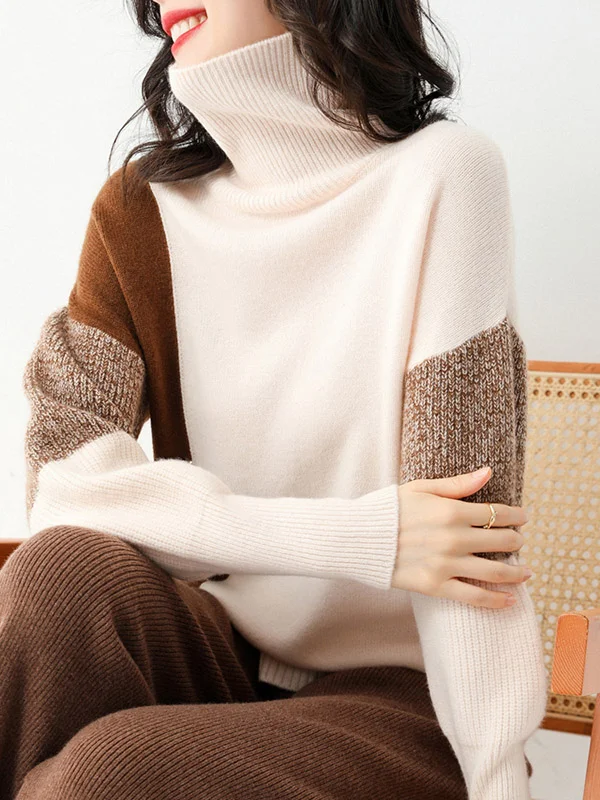 Original Roomy 3 Colors High-Neck Long Sleeves Sweater Top