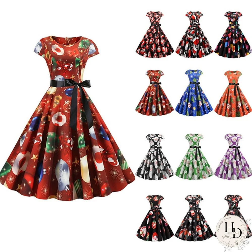 Christmas Women Bandage Retro Print Short Sleeve Evening O-Neck Party Prom Vintage Dress NEW