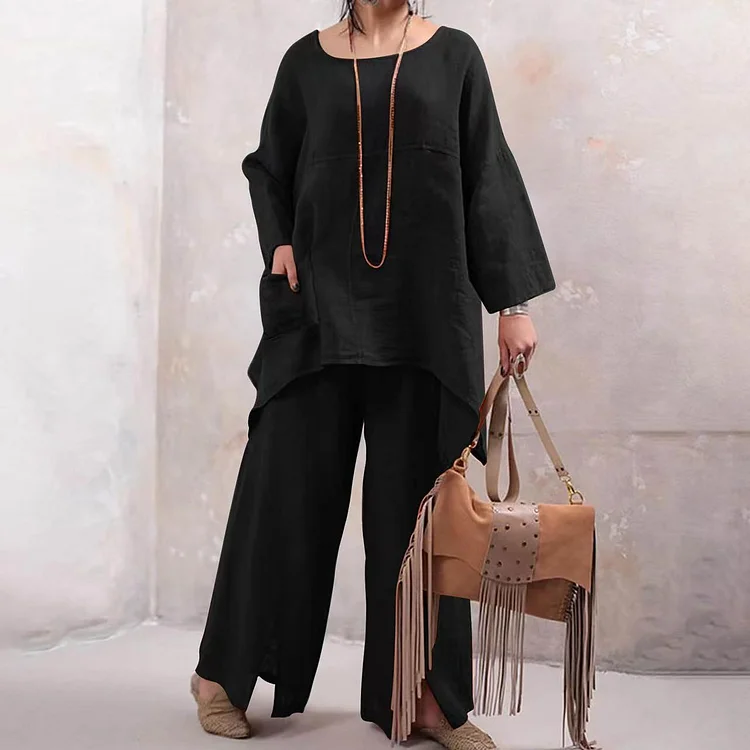 Spring and Autumn Long Sleeve Round Neck Top + Pants Two-Piece Set