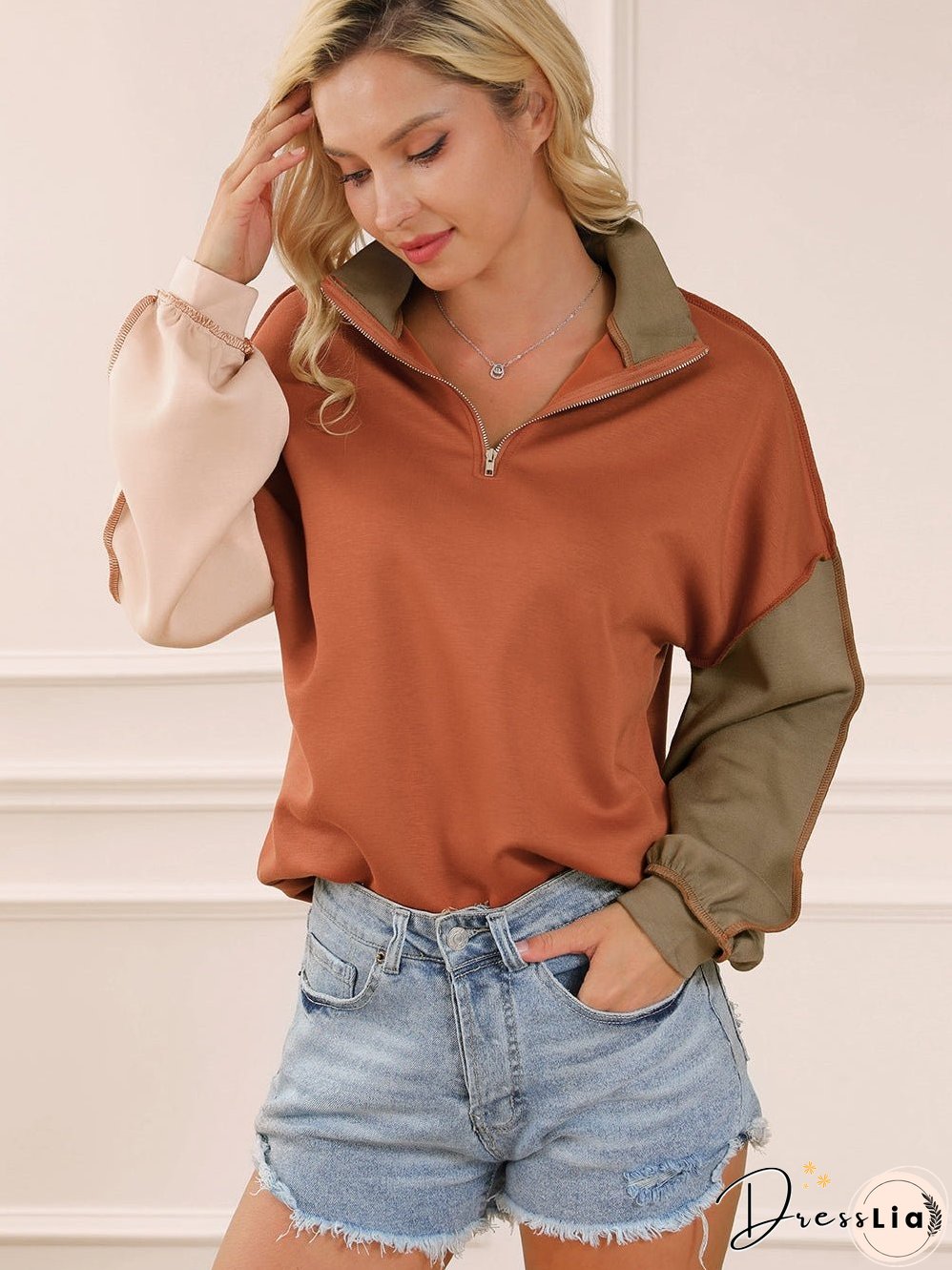 Khaki Zippered V-Neck Color Block Sweatshirt