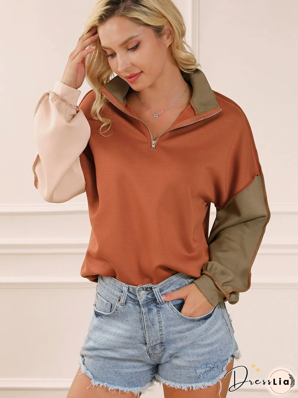Khaki Zippered V-Neck Color Block Sweatshirt