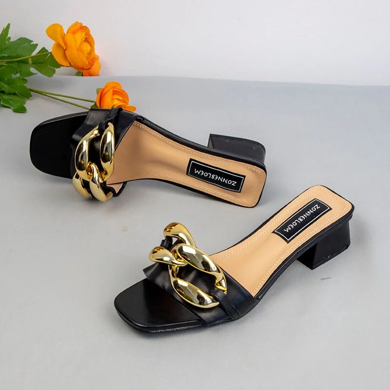 Qengg Fashion Open Toe Heel Women Sandals Square Heels Women Luxury Slides Summer Shoes Ladies Elegant Chain Buckle Slippers