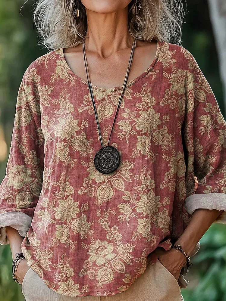 Women's Vintage Lovely Floral Art Print Casual Cotton And Linen Shirt